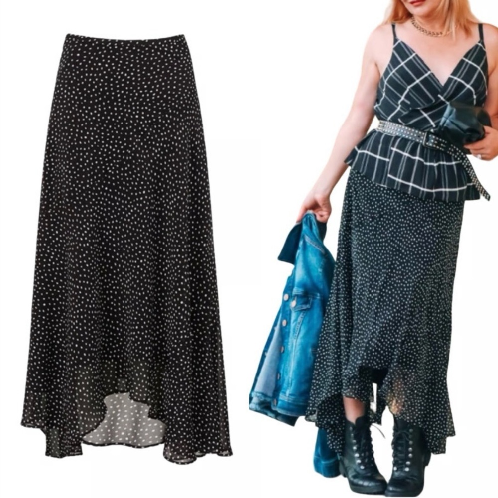 Cabi Sinatra Skirt Lined Boho Asymmetrical Handkerchief Polka Dot Maxi Black 8